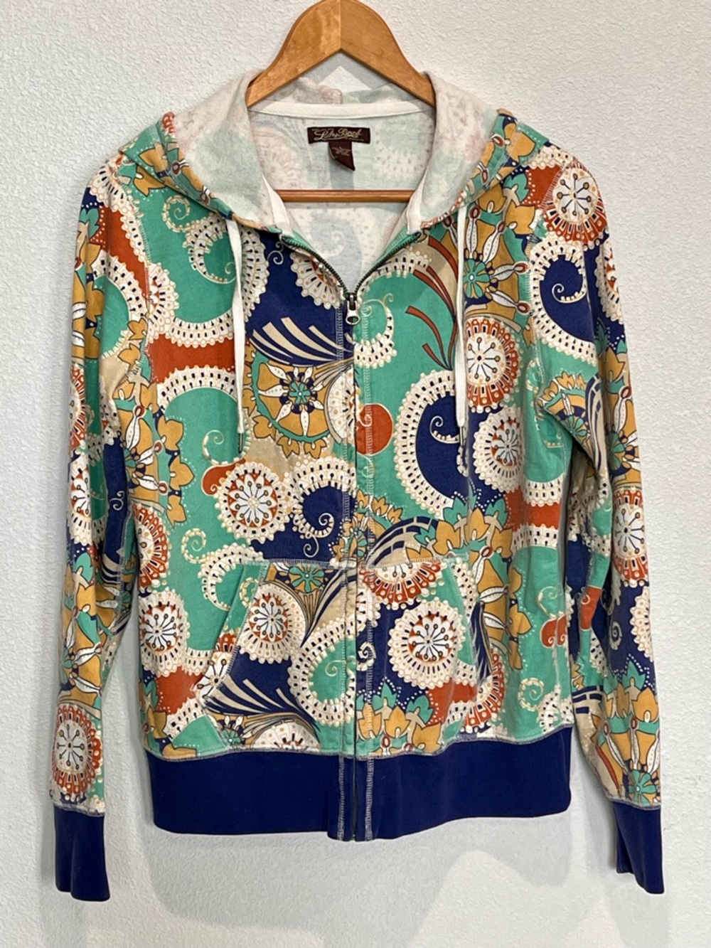 Lucky Brand Paisley Floral Zip Hoodie Jacket L Cotton #8WK3520 Vintage Retro